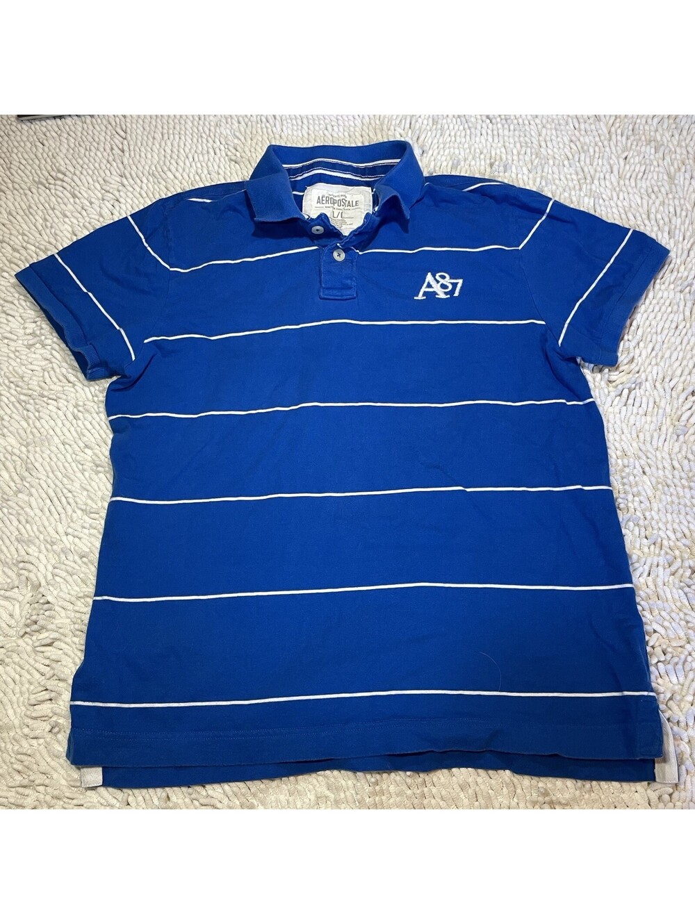 Aeropostale Mens Polo Shirt Large Blue Striped Short Sleeve Preppy Collar Casual